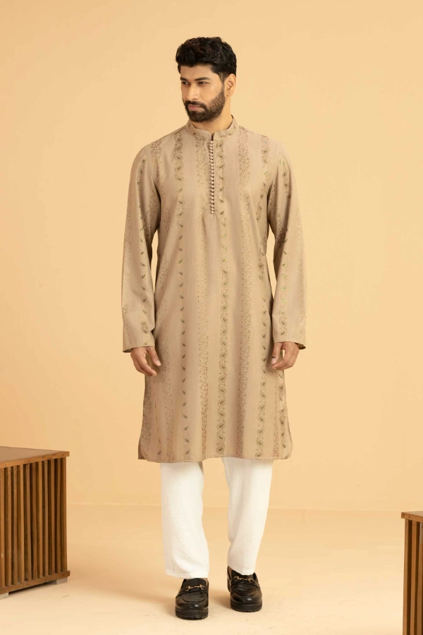 Mocha Brown Embossed Cotton Panjabi