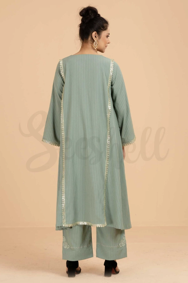 Basil green emboidery and lace work semi casual two pcs dress — 3