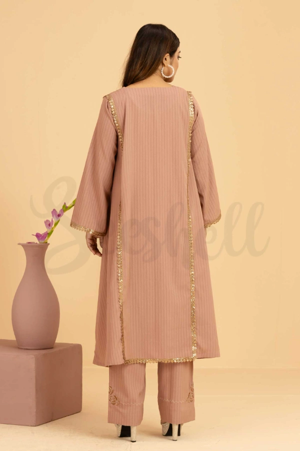 Hazel brown emboidery and lace work semi casual two pcs dress — 3