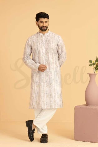 Premium Embossed Cream Cotton Printed Panjabi