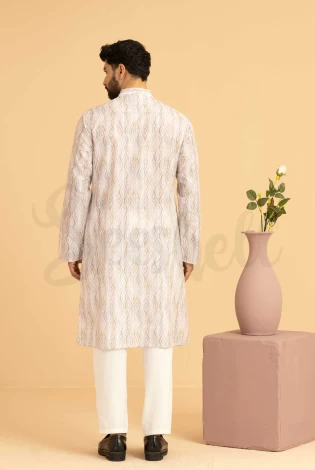 Premium Embossed Cream Cotton Printed Panjabi — 3