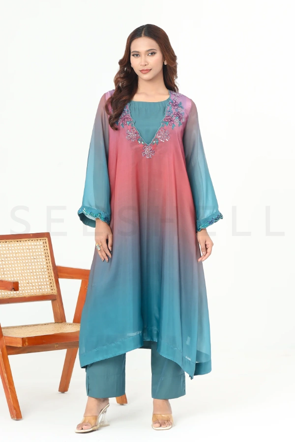 Teal Shaded Zardosi Work Exclusive Two Piece Set