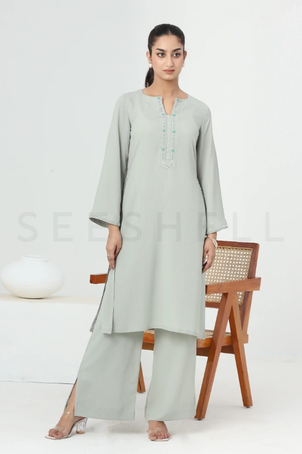 Mint  Tambour work Semi Casual two piece set — 3