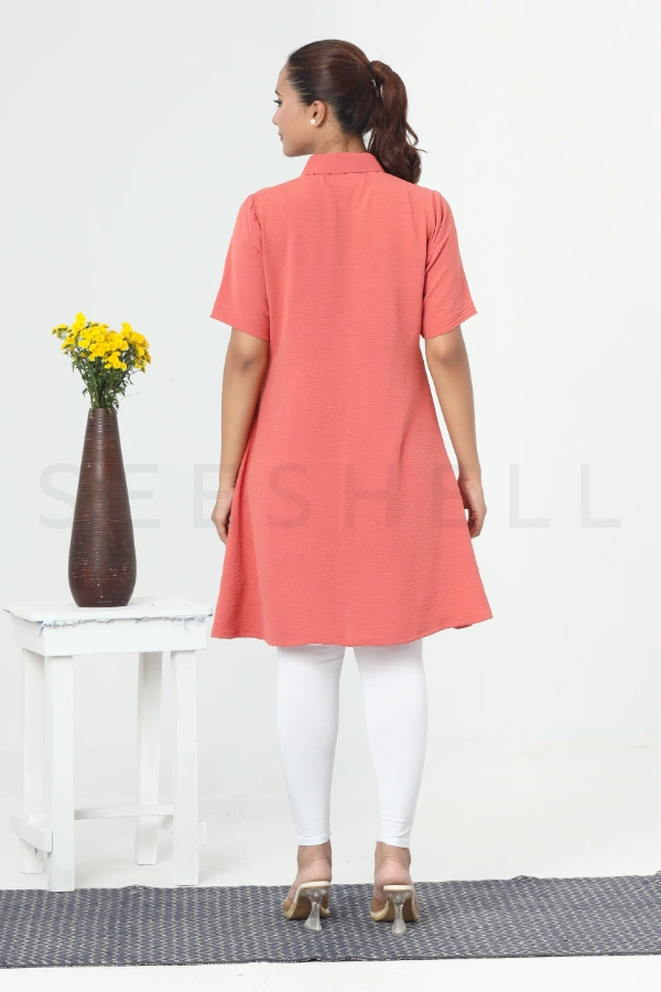 Coral pink Tambour work long tops — 5