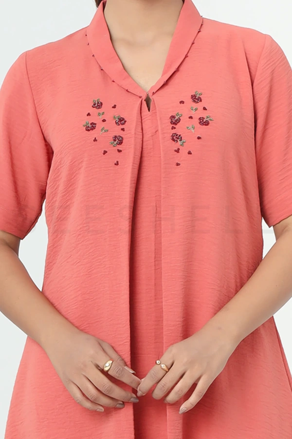 Coral pink Tambour work long tops — 3