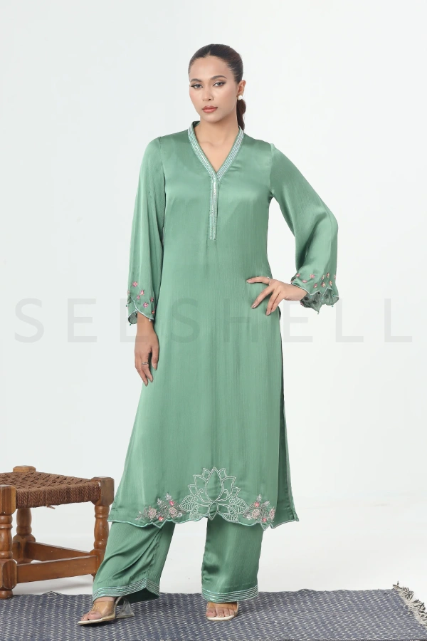 Pine Green Premium Two Piece Set With Bead Work