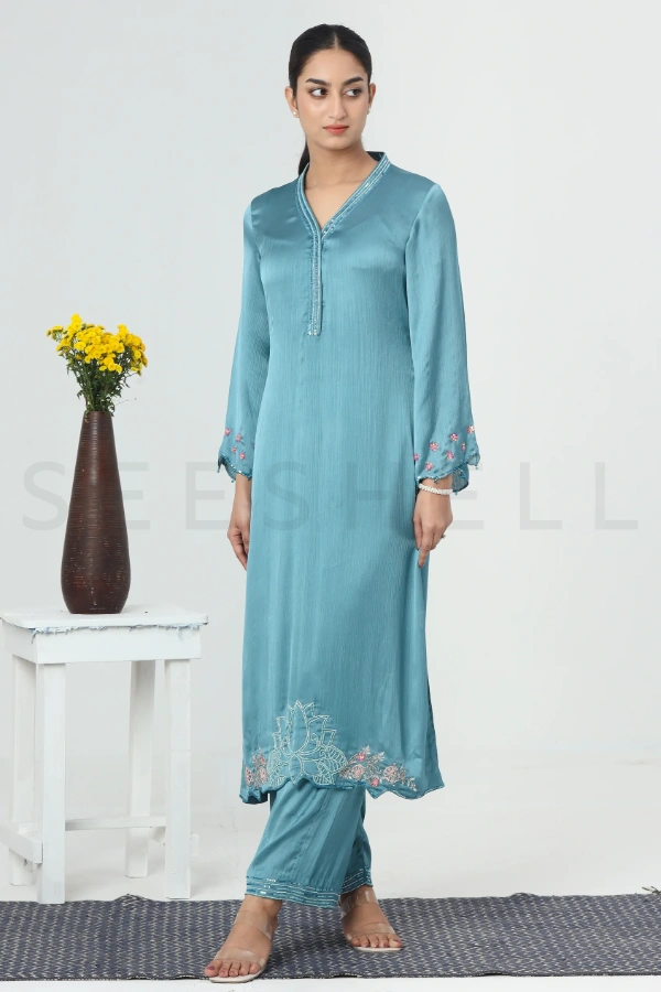 Teal Blue Premium Two Piece Set With Bead Work
