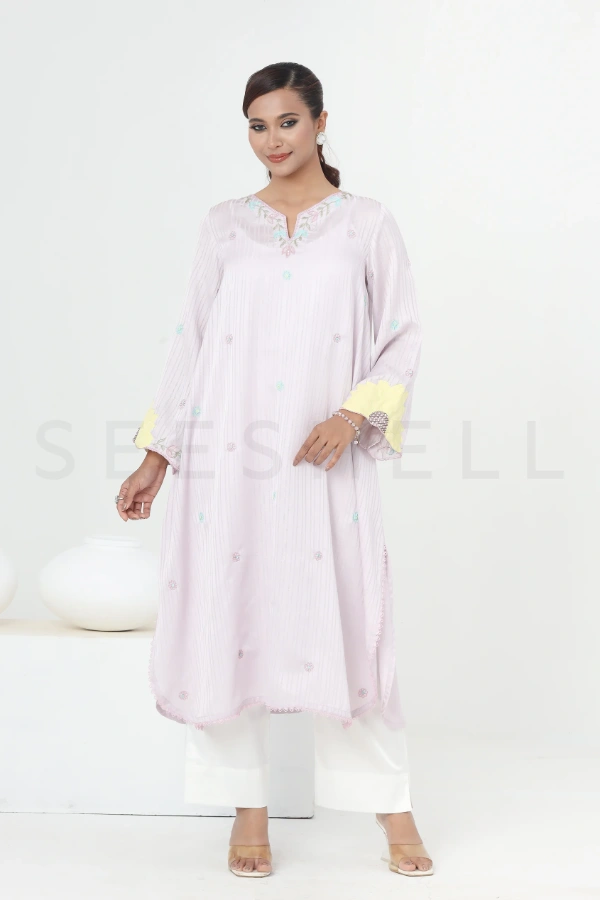 Page Lilac Silk Two Piece Set With Applique And Bead Work