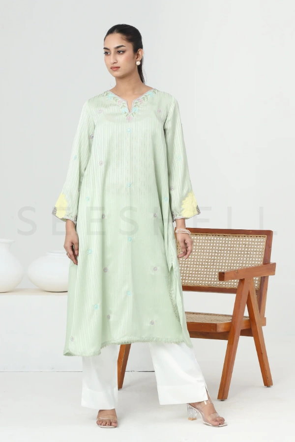Pale Green Silk Two Piece Set With Applique And Bead Work