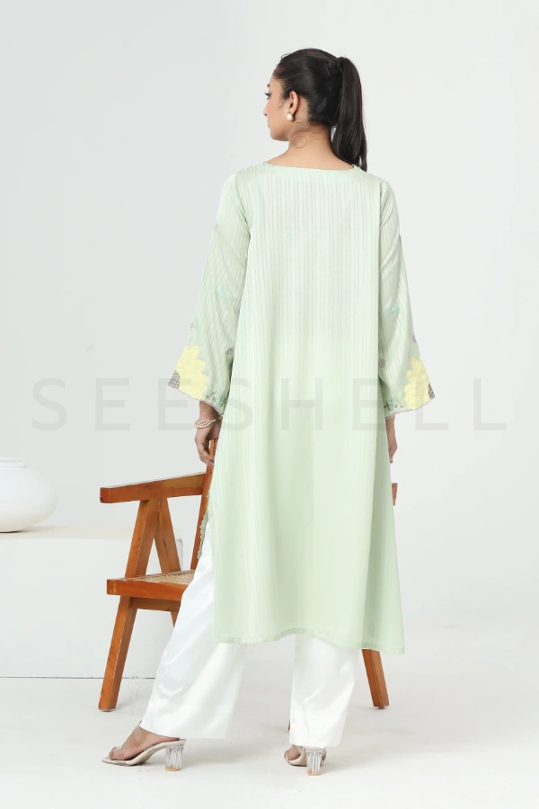 Pale Green Silk Two Piece Set with Applique and Bead Work — 5