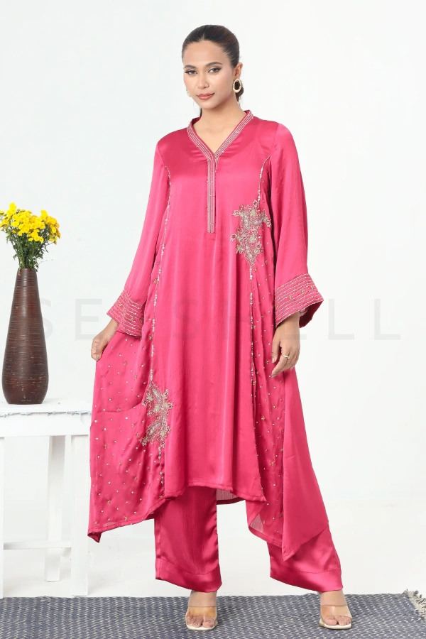 Deep Rose Pink Two Piece Set With Zardosi & Bead Work