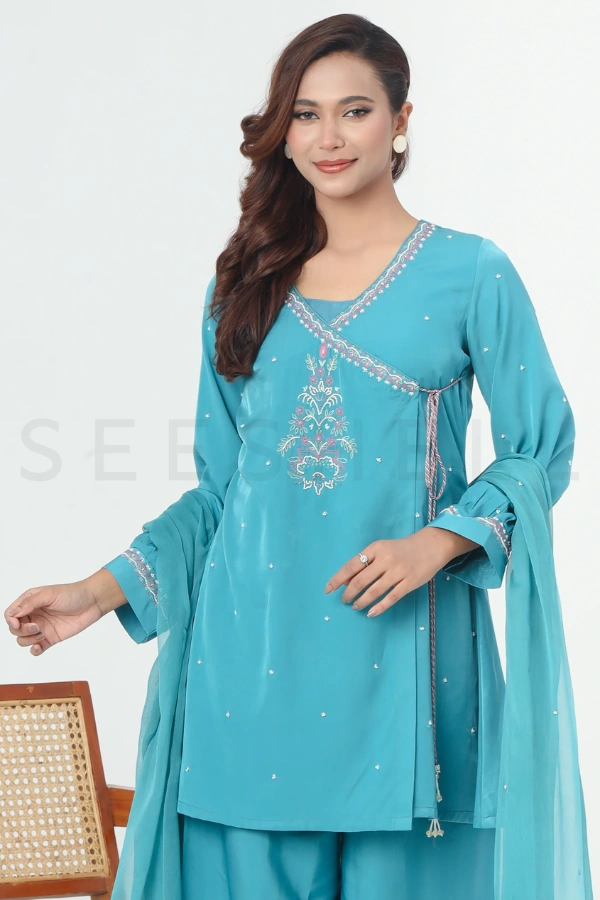 Teal Blue Silk Three Piece Set with Thread & Bead Work — 3