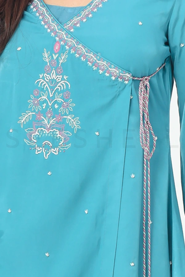 Teal Blue Silk Three Piece Set with Thread & Bead Work — 4