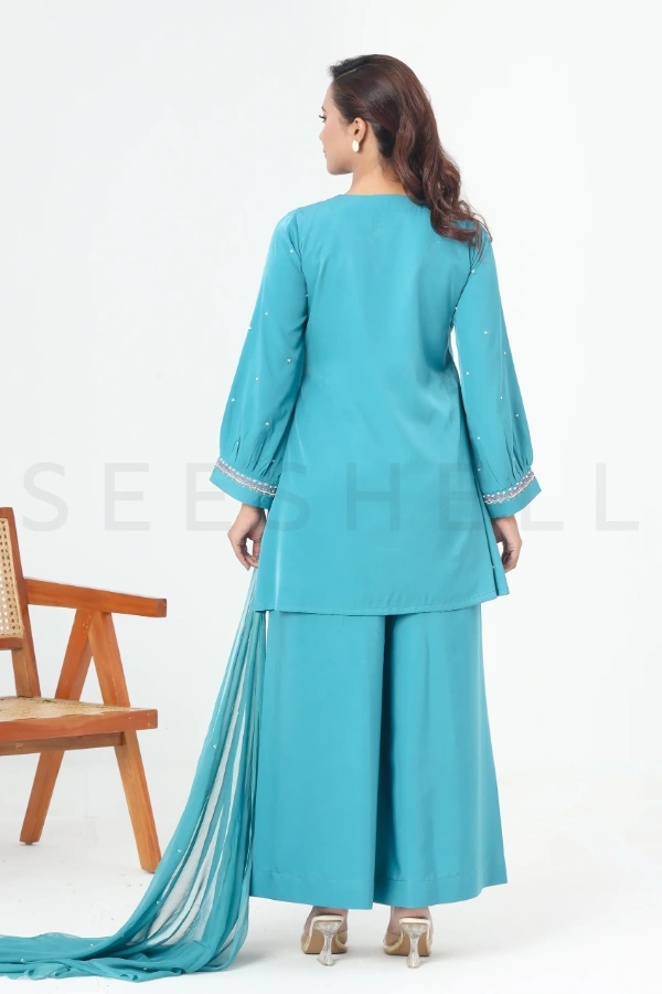 Teal Blue Silk Three Piece Set with Thread & Bead Work — 5