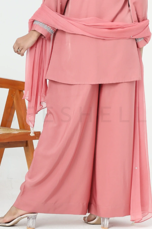 Rose Pink Silk Three Piece Set with Thread & Bead Work — 4