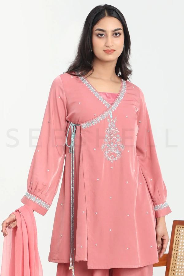 Rose Pink Silk Three Piece Set with Thread & Bead Work — 3
