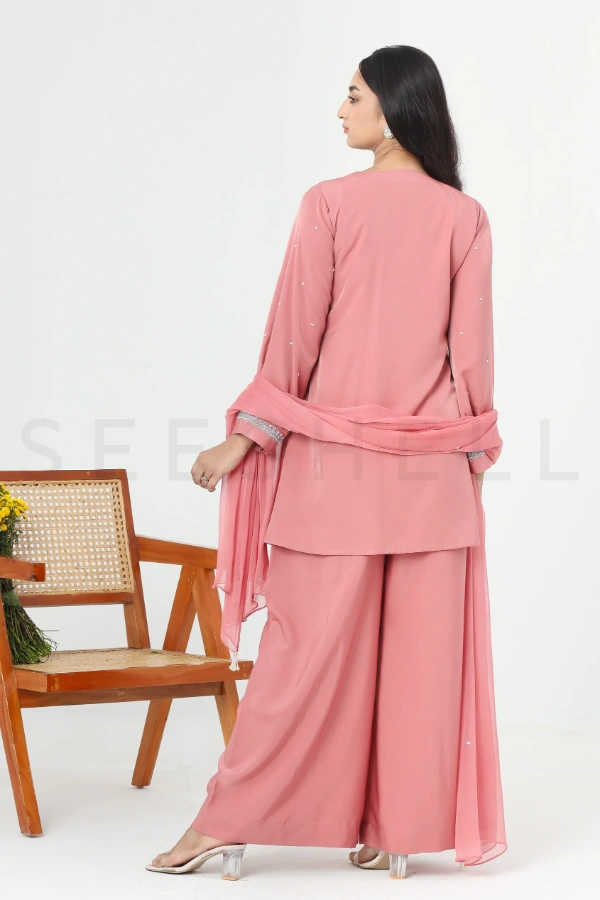 Rose Pink Silk Three Piece Set with Thread & Bead Work — 5