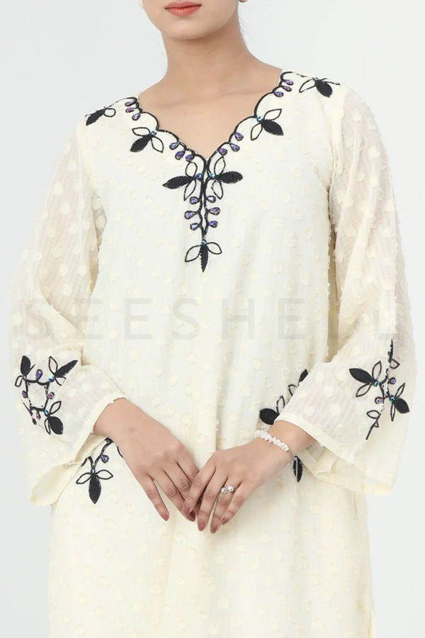 Cream Polka Dot Two Piece Set with Applique and Bead Work — 3