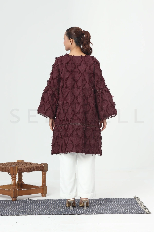 Burgundy Fancy Twill Two Piece Set with Lace Work — 5