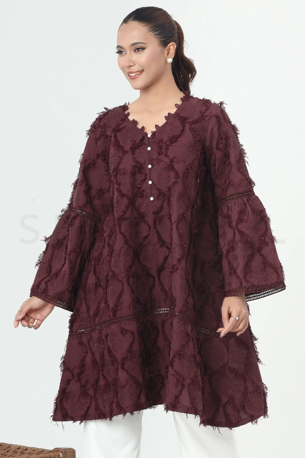 Burgundy Fancy Twill Two Piece Set with Lace Work — 3