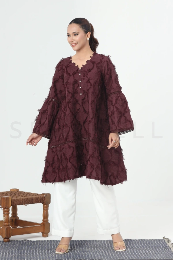Burgundy Fancy Twill Two Piece Set With Lace Work