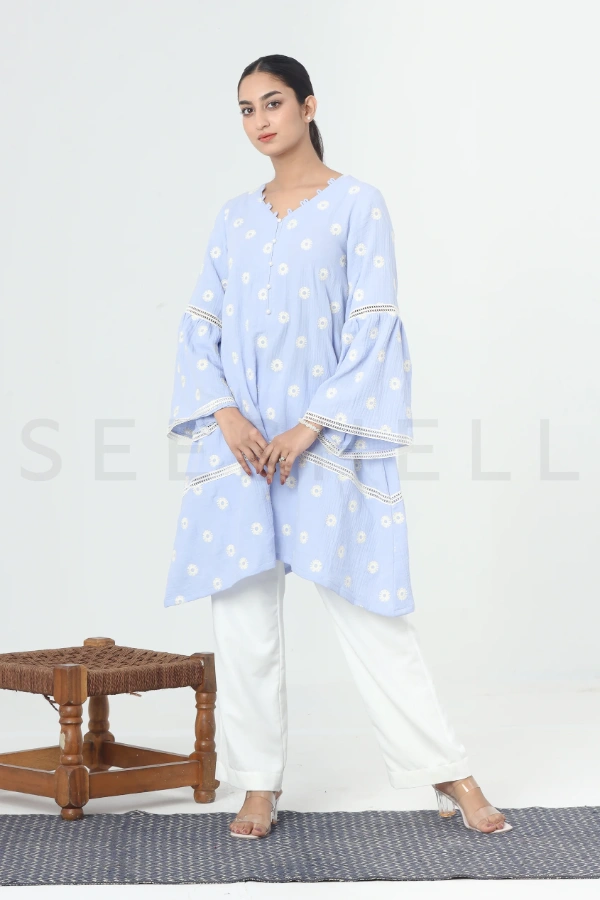 Pale Blue Fancy Cotton Two Piece Set With Lace Work