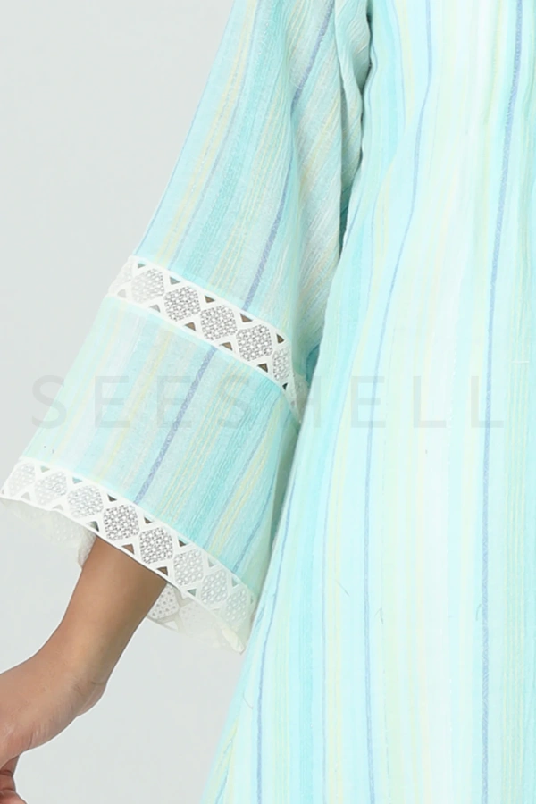 Striped Turquoise Blue Top with Pin Tuck Pattern & Lace Work — 4