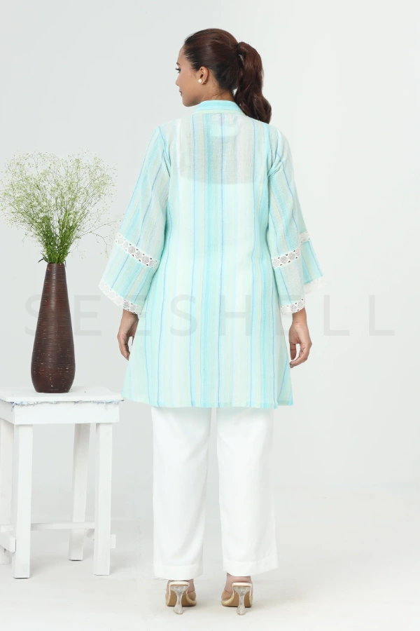 Striped Turquoise Blue Top with Pin Tuck Pattern & Lace Work — 5