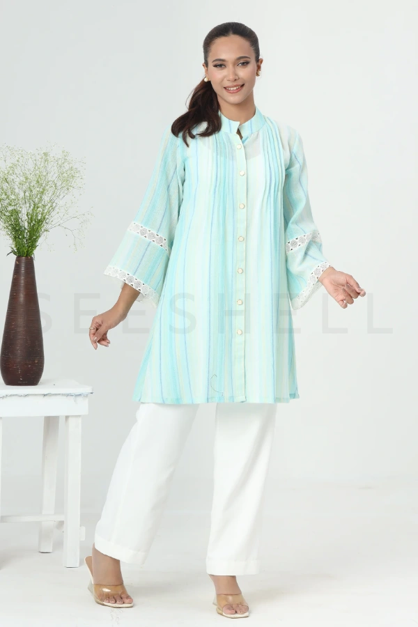 Striped Turquoise Blue Top with Pin Tuck Pattern & Lace Work — 3