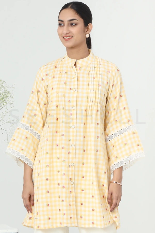 Checkered Yellow Top with Pin Tuck Pattern & Lace Work — 3