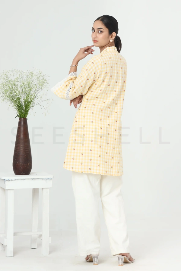 Checkered Yellow Top with Pin Tuck Pattern & Lace Work — 5