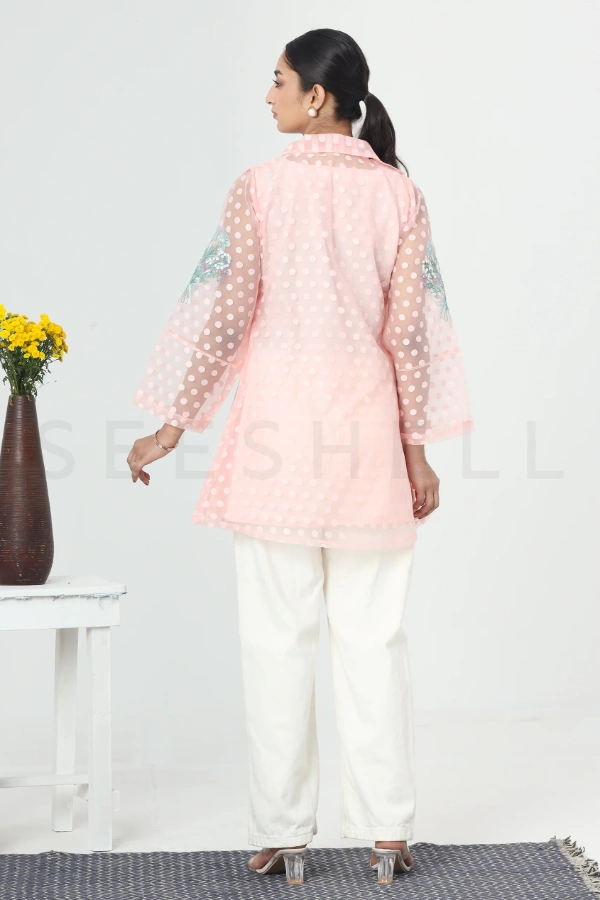 Peach Polka Dot Orzanga Top with Floral Beas Work — 5