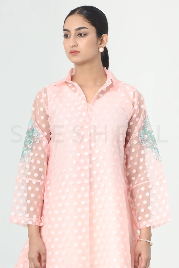 Peach Polka Dot Orzanga Top with Floral Beas Work — 3