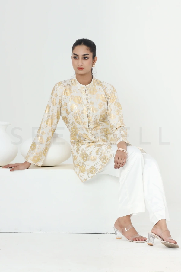 White Co-ord Set with Gold Foil Print — 5