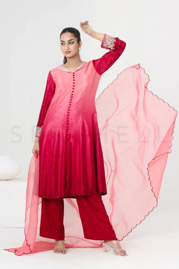 Maroon Shaded Fabric Zardosi Work Exclusive Three Piece Set