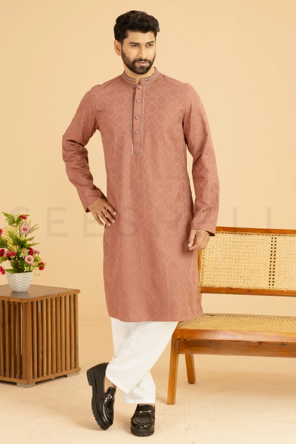 Chestnut Brown Jaquard Cotton Panjabi