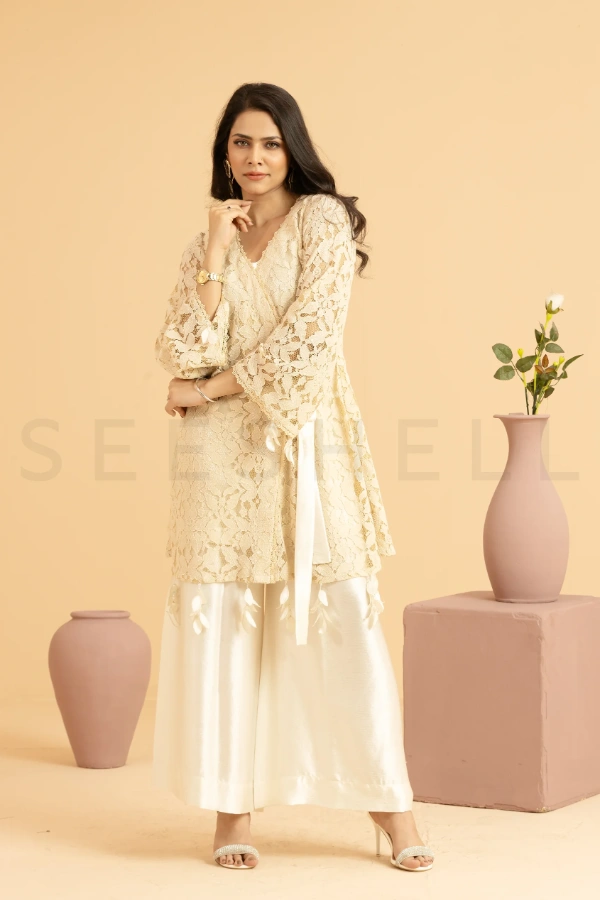 Beige Net Wrap Style Two Piece Set With Crystal Fringes