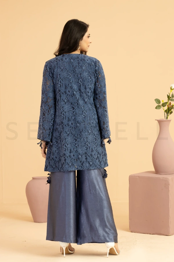 Denim Blue Net Wrap Style Two Piece Set with Crystal Fringes — 3