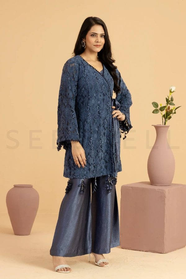 Denim Blue Net Wrap Style Two Piece Set With Crystal Fringes