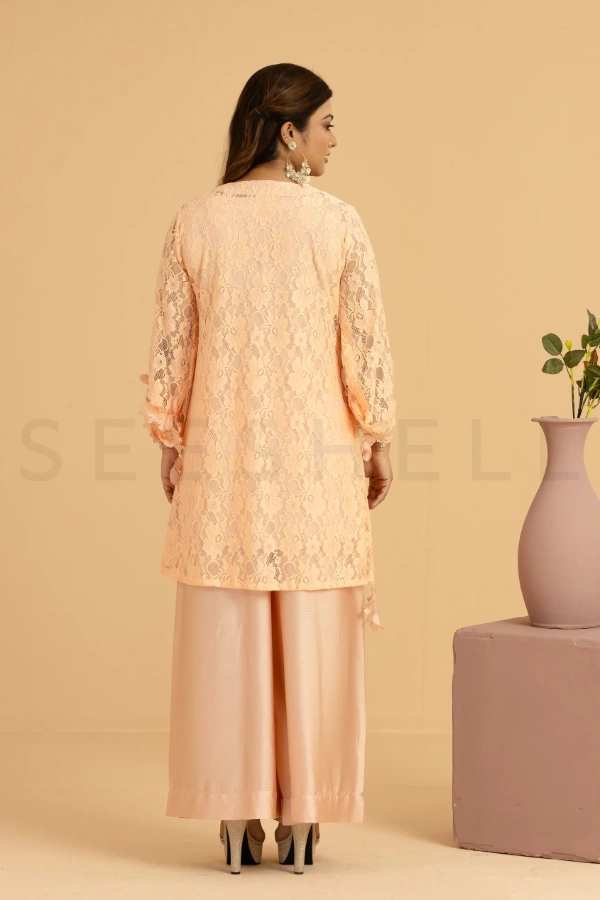Peach Net Wrap Style Two Piece Set with Crystal Fringes — 3