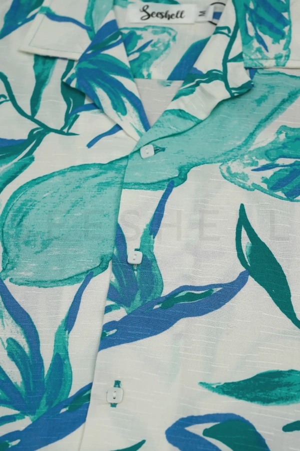 White teal printed blended slab cotton fabric  Cuban shirt ( Relaxed Fit ) — 5