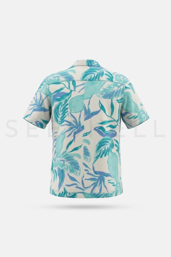 White teal printed blended slab cotton fabric  Cuban shirt ( Relaxed Fit ) — 4