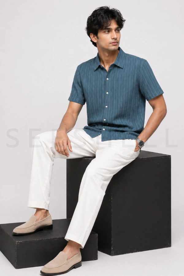 Slate blue  blended fabric Hulf sleeve shirt — 3