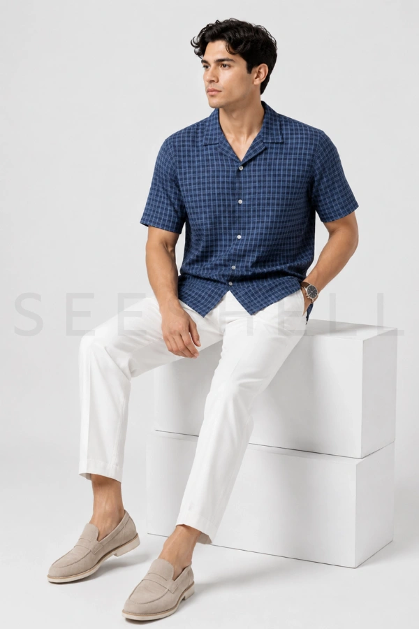 Navy Checkered Cuban (Relaxed Fit ) — 2