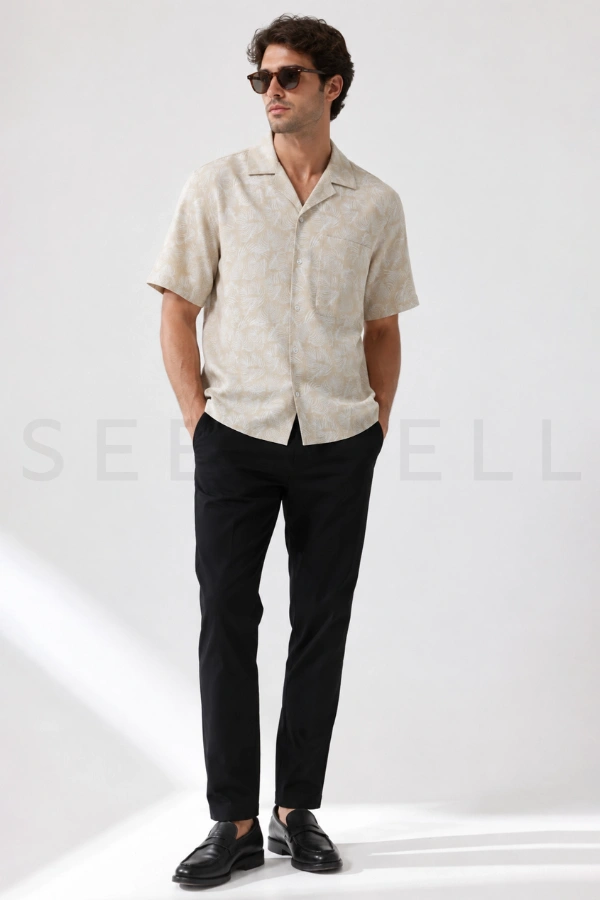 Beige White Contrast Printed Viscose Cotton Cuban Shirt ( Relaxed Fit )