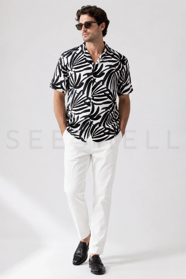 Beige Black Contrast Printed Viscose Cotton Cuban Shirt ( Relaxed Fit )