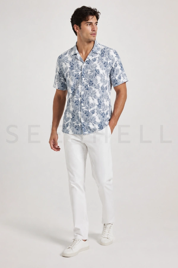 White Blue Contrast Printed Viscose Cotton Cuban Shirt ( Relaxed Fit )