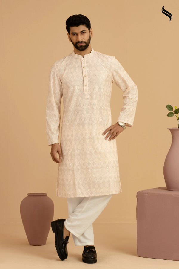 SEESHELL Men's Metal Button Panjabi Chikenkari Light Peach