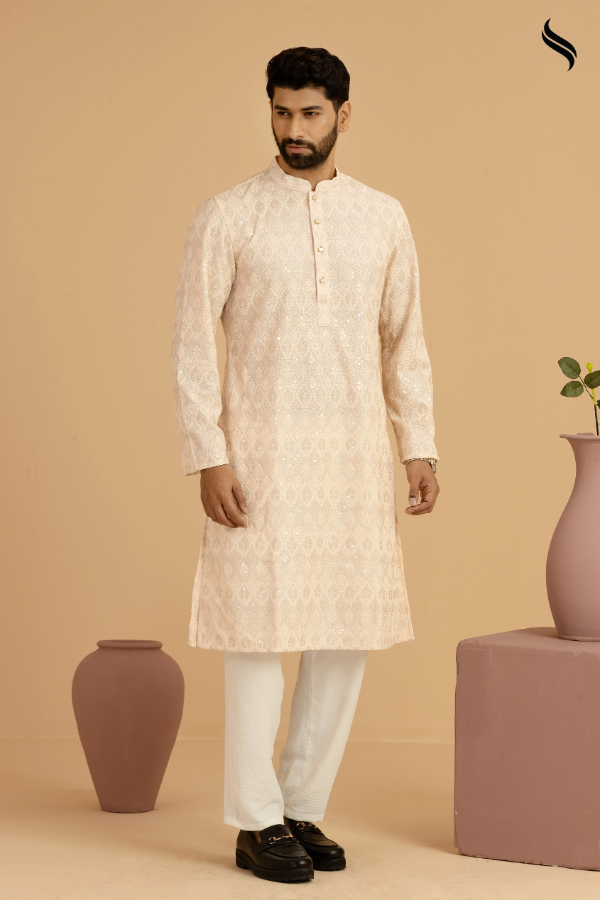 SEESHELL Men's Metal Button Panjabi Chikenkari Light Peach (Light peach Color) 02