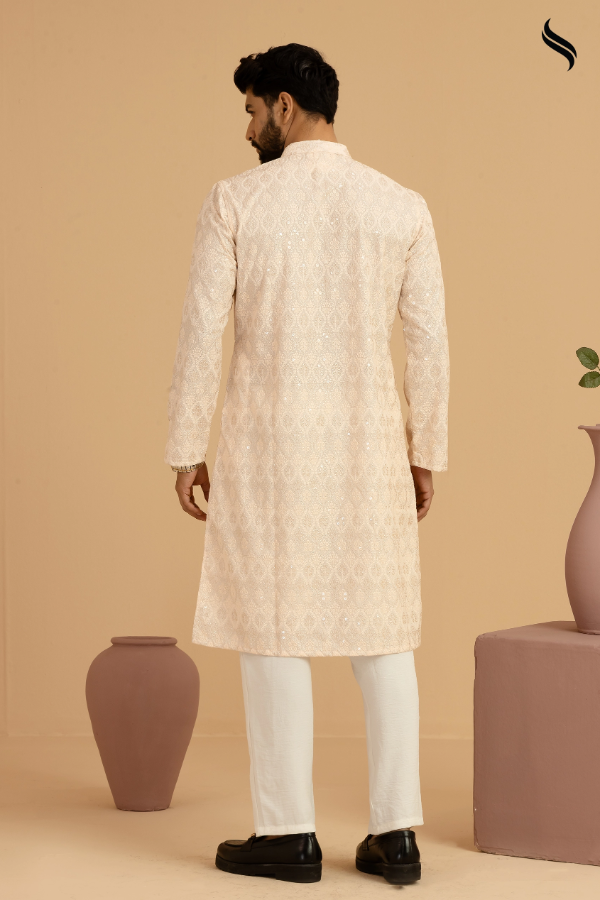 SEESHELL Men's Metal Button Panjabi Chikenkari Light Peach (Light peach Color) 03